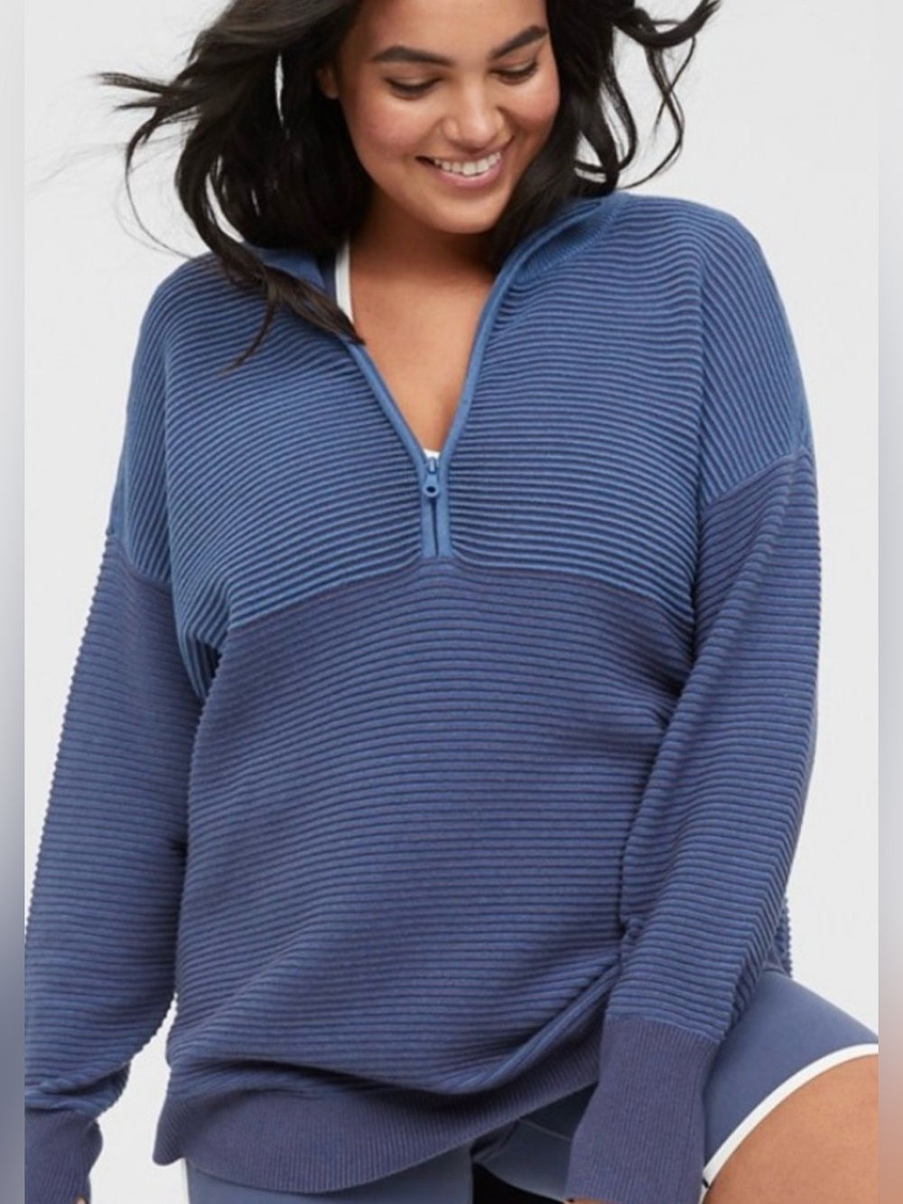 Aerie Ribbed Sweater Half-Zip Blue, size L, like new!